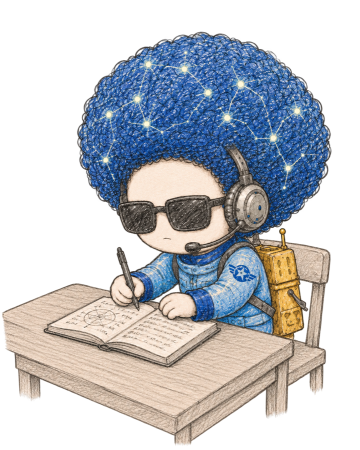 Mente Racional escribiendo en su cuaderno de trabajo
